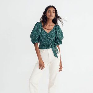 Madewell Seersucker Sweetheart Puffed Sleeve Top, Emerald Woodland Floral